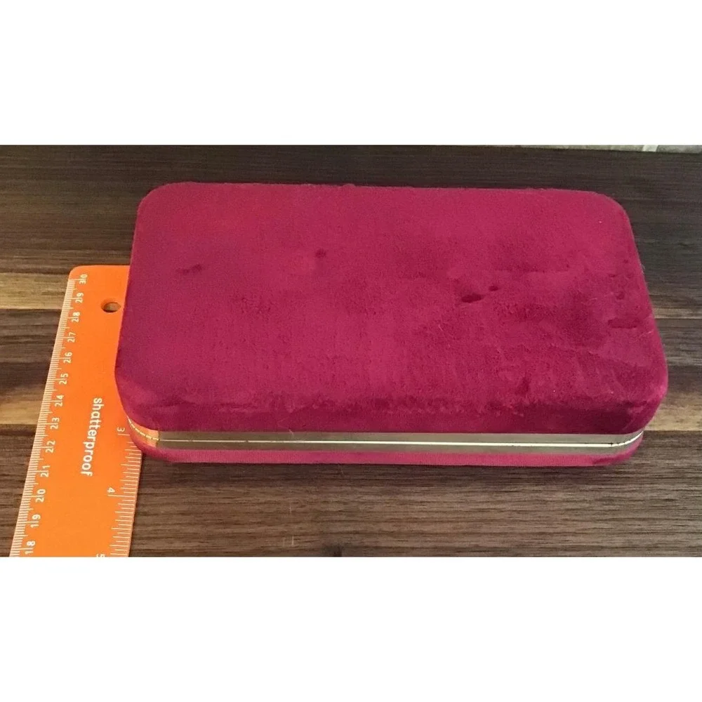 VTG Red Velvet Clamshell Jewelry Travel Case Gold Compact Mirror Retro 70's Box